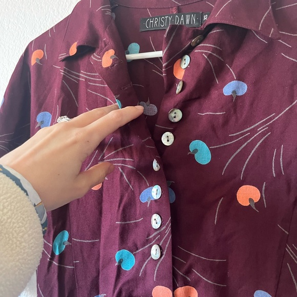 Christy Dawn Apple Print Midi Dress Half Button Half Sleeve Collared Burgundy XS - Picture 3 of 7